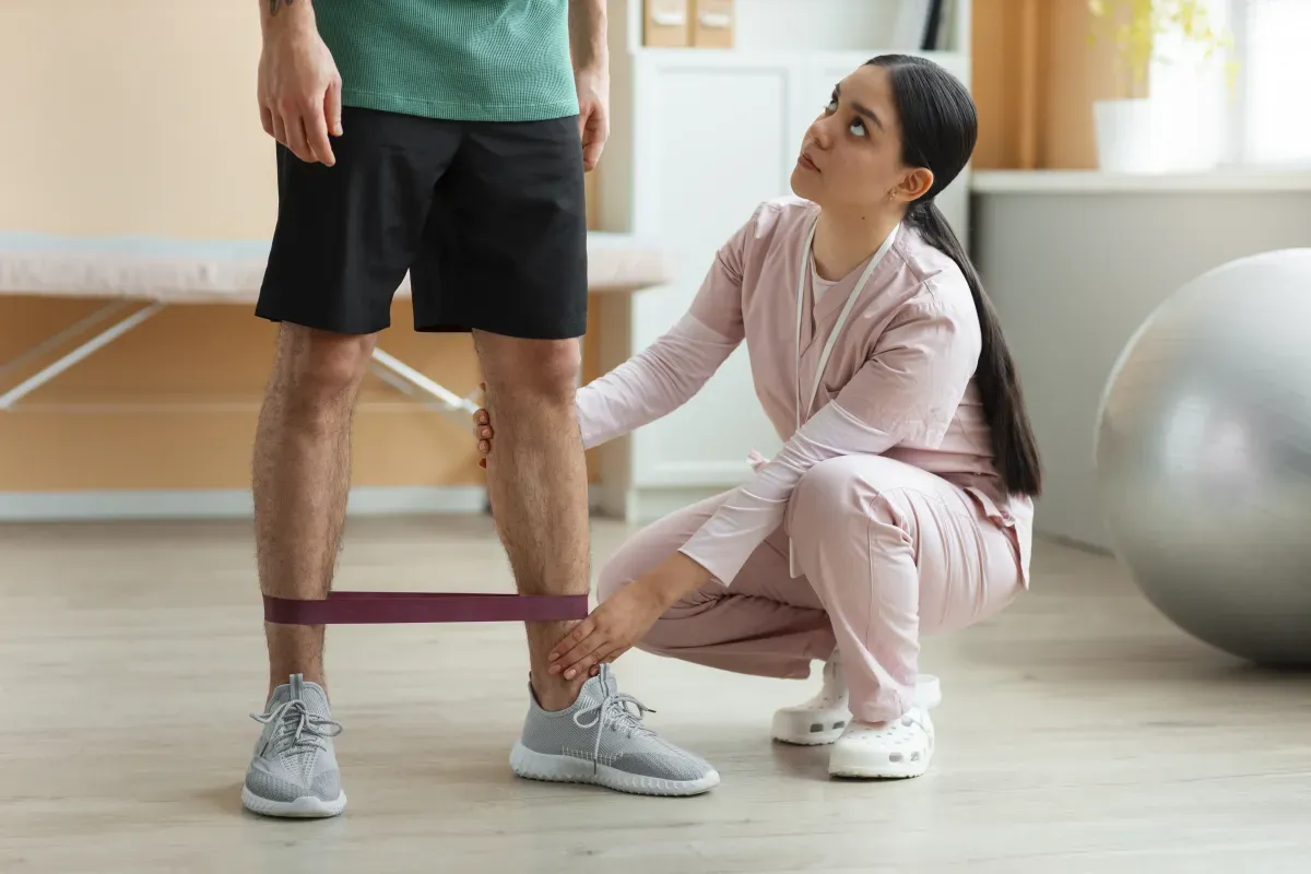 Person doing rehabilitation exercises with a resistance band alongside gym equipment